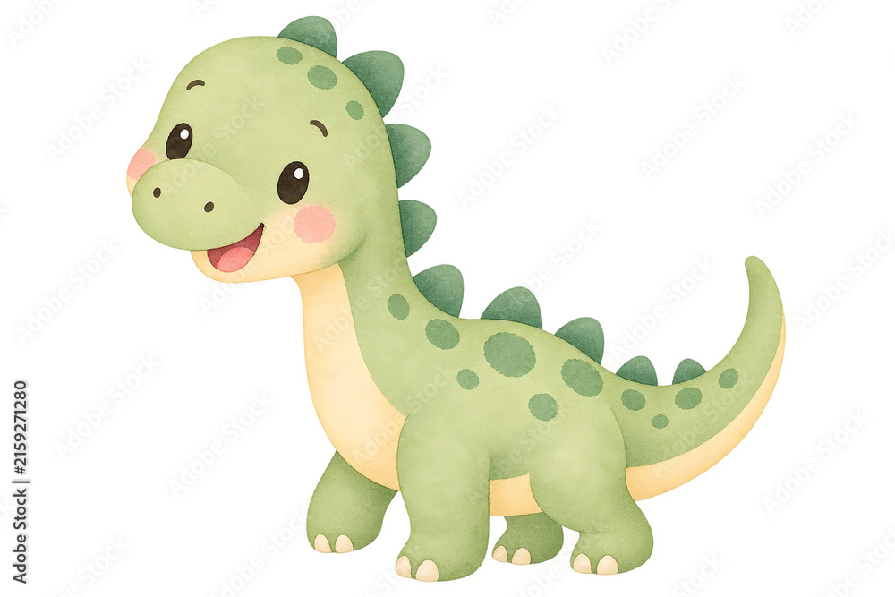 Fototapeta premium A cute baby dinosaur illustrated in a soft watercolor kawaii doodle style for a children’s picture book