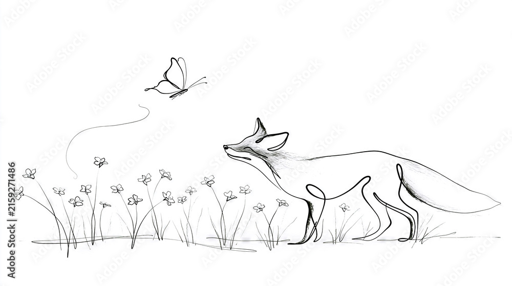 Fototapeta premium Fox Sniffing Wildflowers in a Meadow