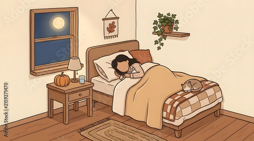 Cozy illustration of a woman sleeping in bed with a cat during a moonlit autumn night