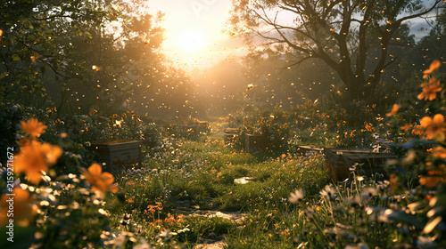 A cinematic wide view of a thriving apiary surrounded by flowering fields and swarms of bees in warm sunlight