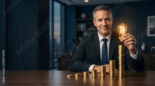 Executive sitting behind growing stacks of coins topped with a glowing lightbulb.