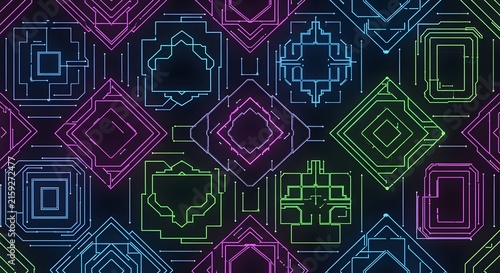 Neon Geometric Patterns: A captivating display of vibrant neon geometric patterns, intricately connected like a digital circuit board, creating a futuristic and abstract design.