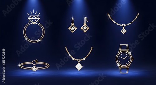 Luxury Jewels Collection: A stunning ensemble of exquisite gold and diamond jewelry, featuring a ring, earrings, necklaces, a bracelet, and a wristwatch, showcased under dramatic spotlights.