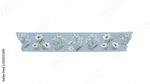 Washi tape strip with delicate white floral pattern on light blue background isolated on transparent background