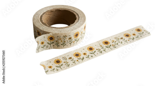 A roll of decorative washi tape with a sunflower and wildflower pattern isolated on transparent background
