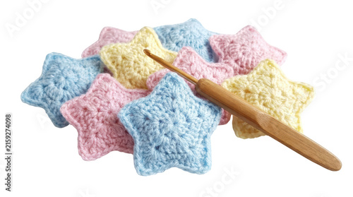 Crocheted stars in pastel colors with a wooden crochet hook isolated on transparent background