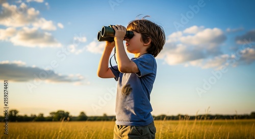 Boy looking through binoculars in a field. Childhood exploration and discovery concept with outdoor adventure, curiosity, observation, travel, and nature study.