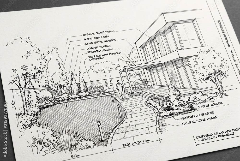 Fototapeta premium Hand drawn architectural perspective of a contemporary residence and garden with material callouts