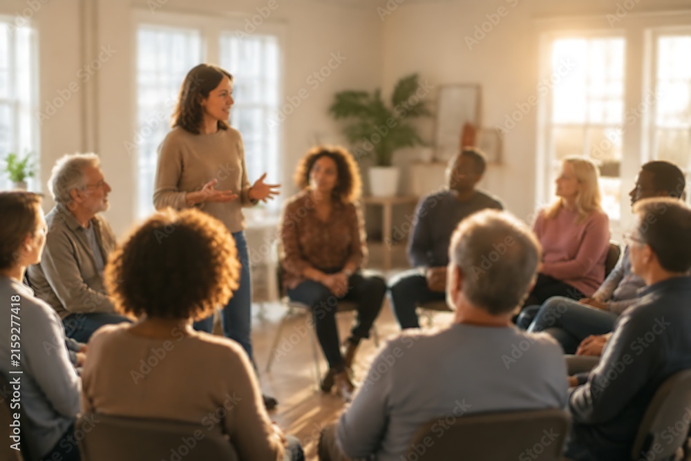 Obraz premium Diverse adult group of men and women participating in a community support meeting or therapy session