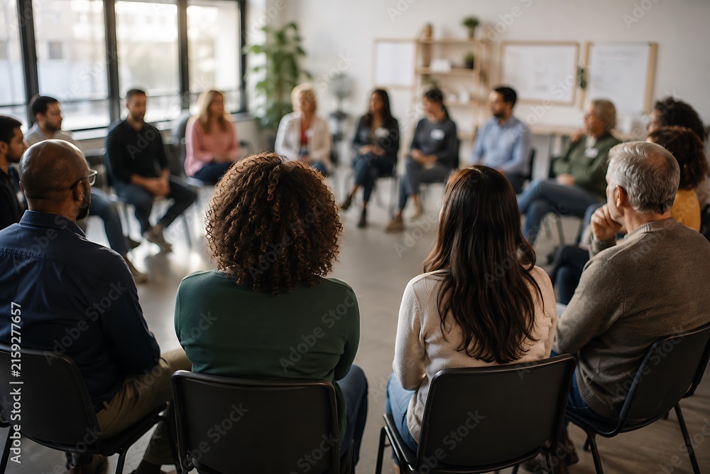 Obraz premium Diverse multiethnic group of adults participating in a mental health support meeting or therapy session in a modern lightfilled office space