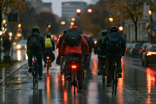 Cyclists riding through rainy city street at dusk, wet pavement reflecting red tail lights and glowing traffic signals, with backpacks, helmets, jackets, and blurred urban background