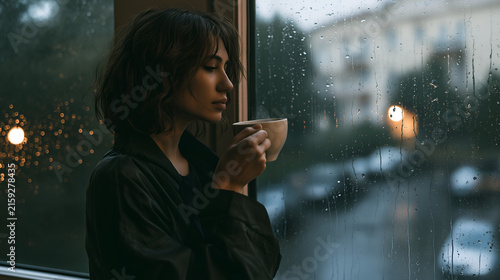 Thoughtful young woman holding warm cup beside rain streaked window, gazing outside in quiet evening light with soft reflections, blurred city glow, cozy indoor mood and calm contemplative atmosphere