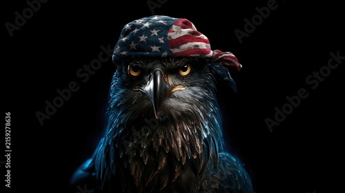 Eagle wearing an American flag bandana looks forward with intensity.