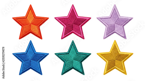 Set of six colorful embroidered star patches isolated on transparent background