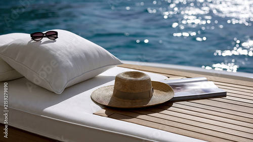 Relaxing scene on a wooden deck by the sea with straw hat, sunglasses, and book