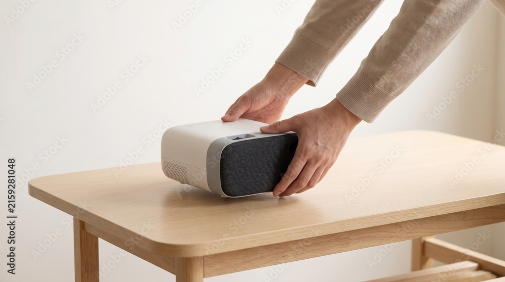 Fototapeta premium Male hands setting down a compact white and grey home projector on a small wooden table
