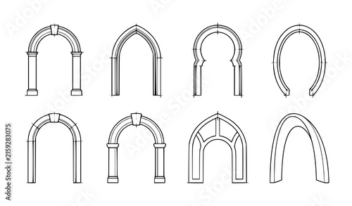 Architectural archway outline icon collection with Gothic Roman and geometric vector designs