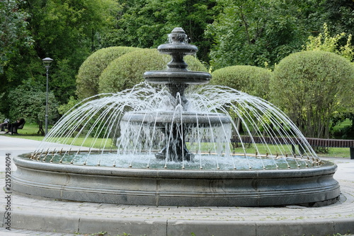 Foto Decorative stone fountain with multiple tiers and water jets surrounded by lush