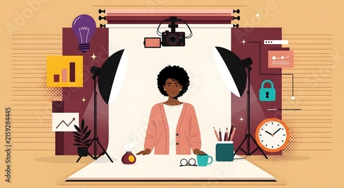 Creative professional woman working in modern home office with bright lighting and organized workspace