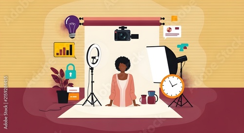 Creative professional recording video content in vibrant home studio with lighting and props