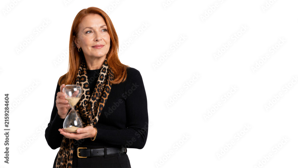 Fototapeta premium Woman holding hourglass looking at camera. Business concept, time management, deadline, productivity, corporate.