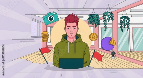 Creative professional with vibrant red hair sitting in a colorful, modern office workspace with plants and abstract decor