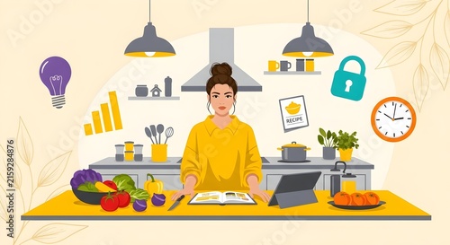 Creative professional working in a modern kitchen office with digital tools and growth icons