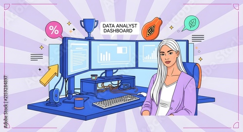 Professional woman analyzing data analytics dashboard with growth metrics and success icons in modern office