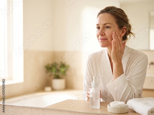Natural skincare routine for mature woman, elegant lady applying face serum in bright bathroom, anti-aging beauty treatment and wellness