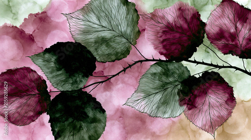 Watercolor-style leaves on soft pink background