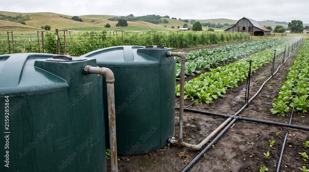 Obraz premium Large green water storage tanks on a sustainable farm with crop irrigation system.