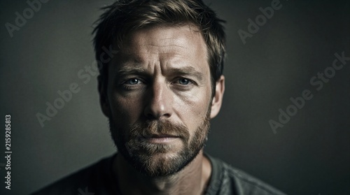 Thoughtful man with blue eyes and short brown hair looks directly at camera. He has stubble and wears a grey t-shirt. Background is dark and out of focus.