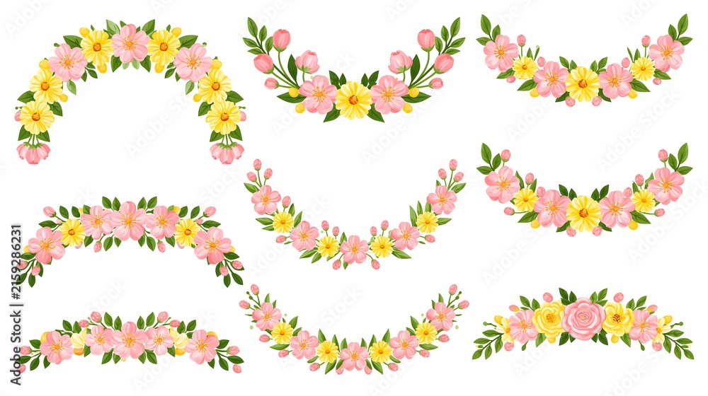 Fototapeta premium Floral arch garlands and blooming flower borders set for wedding and spring decoration on white background