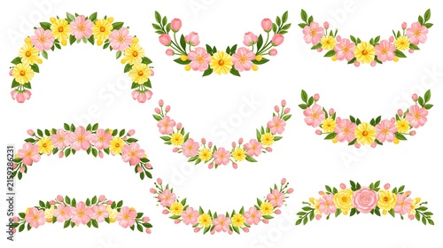 Floral arch garlands and blooming flower borders set for wedding and spring decoration on white background