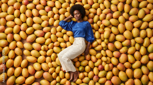 Black woman with afro hair lying on a background covered with ripe yellow mangoes