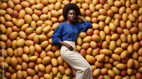 Black woman with afro hair lying on her side on a background full of ripe mangoes