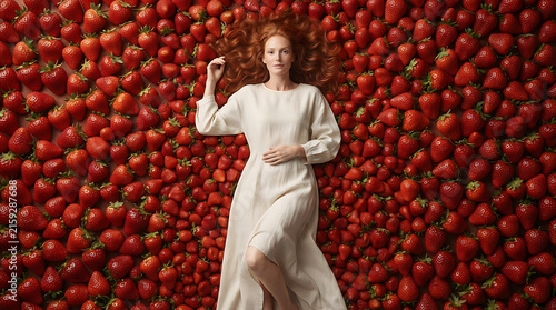 Redhead woman in white dress lying on a background covered with fresh red strawberries