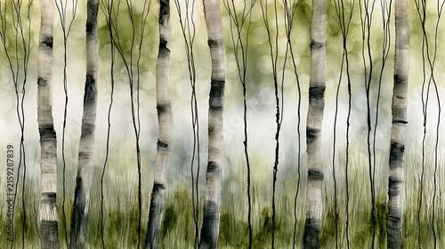 Birch Trees in Misty Forest