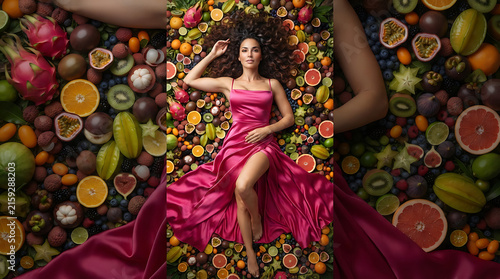 Woman in pink dress lying on a background full of various tropical fruits
