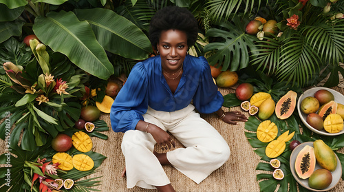 Smiling Black woman sitting on the floor surrounded by tropical fruits and green foliage