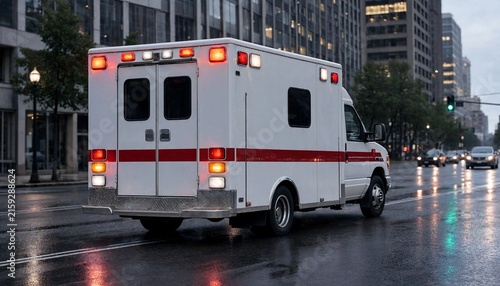 Emergency ambulance vehicle on city street during rainy evening with lights illuminated