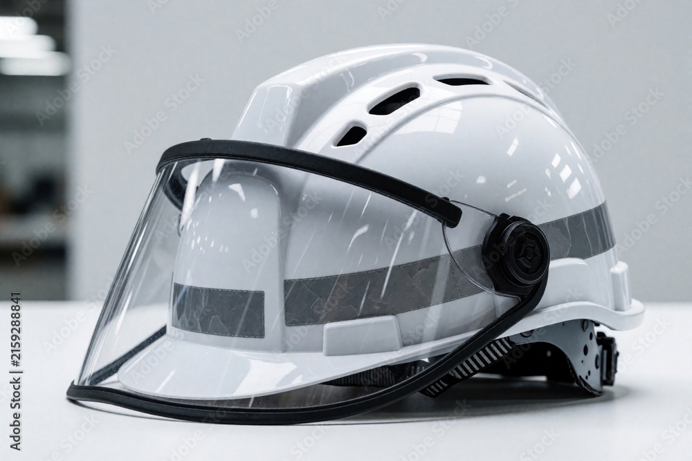 Fototapeta premium White safety helmet with clear protective visor on white surface. Industrial hard hat for construction worker engineer provides head protection. Modern gear for heavy duty work, site safety,