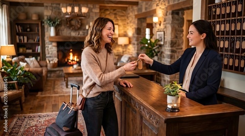 Woman checking in at rustic boutique hotel reception desk with luggage check in reception check-in receptionist hospitality vacation