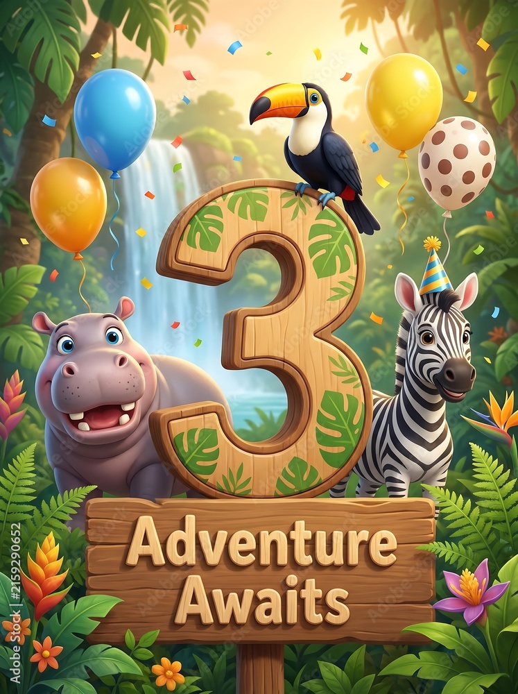 Naklejka premium 3rd Birthday Adventure Theme with Safari Animals