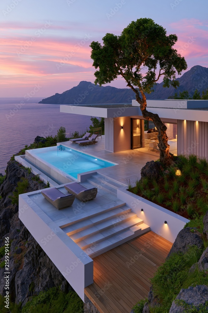Fototapeta premium Minimalist luxury cliffside home with infinity pool and decking at dusk for serene wallpaper and background design