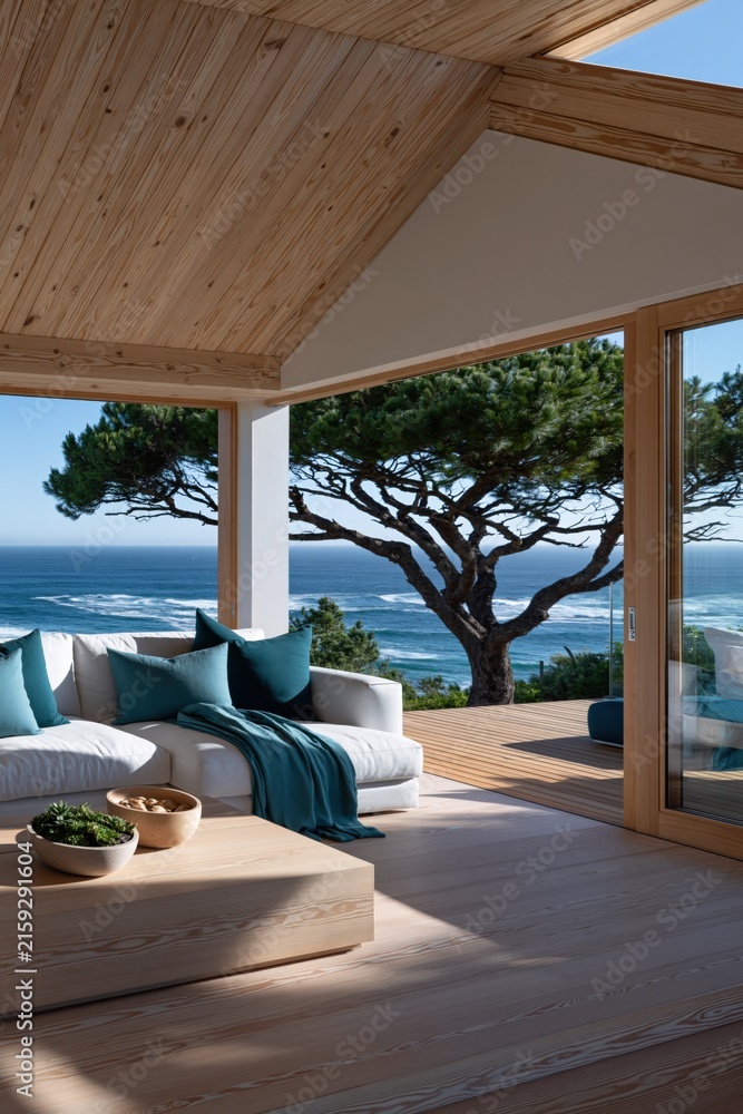 Fototapeta premium Bright coastal wooden lounge with ocean view framed by pine tree for vacation rental background and interior design