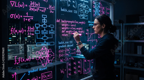 Focused female AI engineer writing deep learning neural network algorithms on a glass blackboard in server room