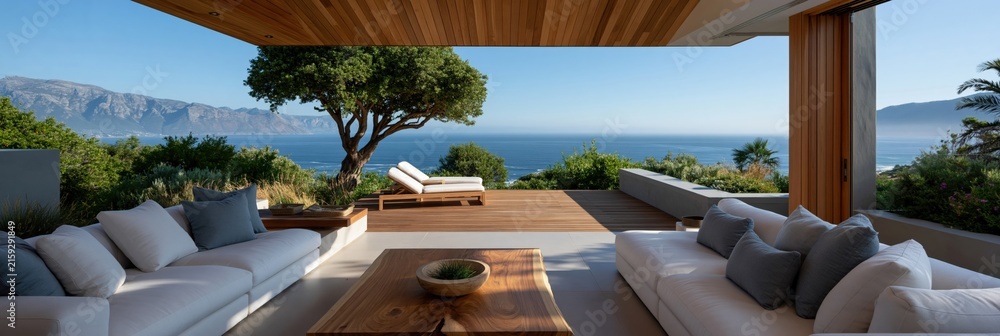 Fototapeta premium Luxury open terrace living room with ocean view and palm trees for coastal background and modern interior design wallpaper for resort and villa branding