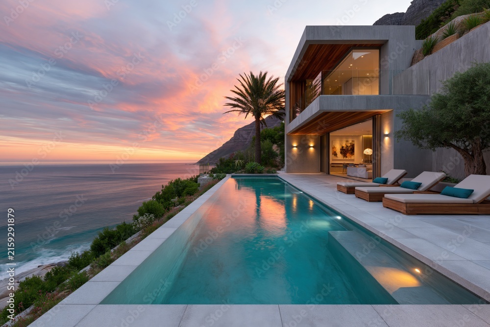Fototapeta premium Contemporary luxury seaside villa with infinity pool overlooking the ocean at sunset for travel banner and wallpaper use