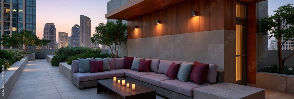 Fototapeta premium Urban rooftop patio with corner modular sofa and candlelit coffee table for evening background and hospitality design